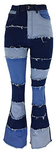 Color Block Jeans da Donna, a Zampa di Elefante, con Motivo Patchwork, a Vita Alta, Patch Flare Push Up Denim Pantaloni Larghi Stile Vintage
