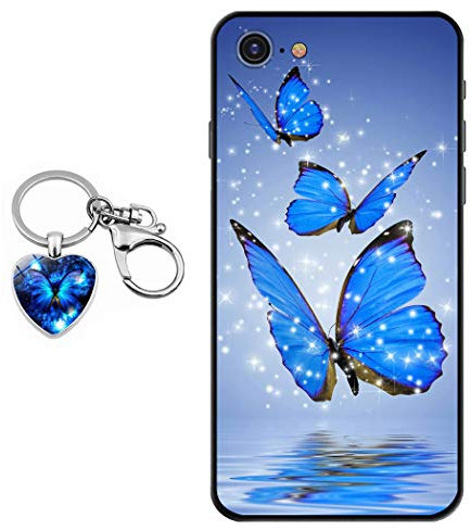 Staremeplz iPhone 6 / iPhone 6s Case With Blue Butterfly Design [With Crystal Glass Keychain], Soft Silicone TPU Art Protective Phone Case for iPhone 6 / iPhone 6s