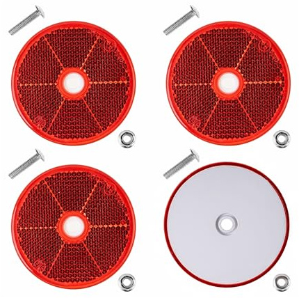 Runde Reflektoren zum Anschrauben, 4 Pack, Rot, Ø 60 mm Durchmesser, mit E-Prüfzeichen, inkl. M5 Schrauben + Muttern, Sicherheitsreflektor für Anhänger, Wohnwagen, Pfosten, Katzenauge rechts links