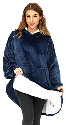 O³ Coperta con Cappuccio, Plaid con Maniche, Coperta indossabile in Pile, Felpa Oversize Donna, Blanket Hoodie - Confortevole e Morbido - Perfetto per Le Notti Invernali sul Divano (Blu)