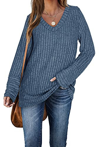 Aokosor Womens Long Sleeve Tops V Neck Jumpers Solid Color Sweatshirts Blue Size 6-8