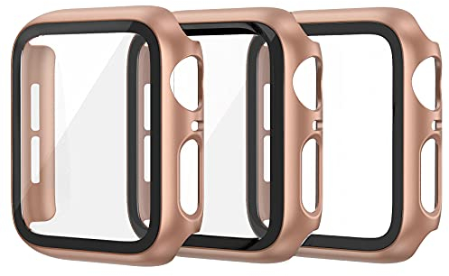 EDIMENS 3-Stück Hartes PC-Gehäuse mit Hartglas Glas Displayschutz Voller Ultradünner Puffer Schutzhülle Kompatibel mit Apple Watch Series 6/5 / 4 / SE 40mm für iWatch Frauen Männer, Roségold