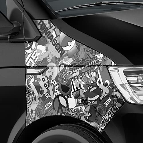 Auto-Dress Stickerbomb Auto-Folie mit Luftkanal-Technik für 3D Car-Wrapping (200x150cm, Design: Cartoon, Farbe: Schwarz-Weiß, Finish: Matt)