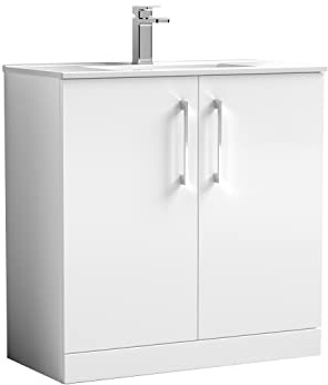 nuie ARN105B Arno Modern Bathroom Floor Standing 2 Door Vanity Unit with Minimalist Ceramic Basin, 800mm, Gloss White
