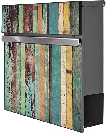 banjado® Briefkasten Anthrazit mit Motiv Bunte Bretterwand/Briefkasten mit Zeitungsfach 37x37x10,5 cm groß/Postkasten A4 Einwurf inkl. Montagematerial & 2 Schlüsseln