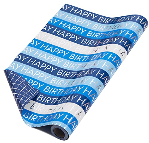 RUSPEPA Wendbare Geschenkpapierrolle – Geburtstag Blaues Muster Ideal Für Geburtstag, Party, Babyparty – 44,5 cm X 10 m