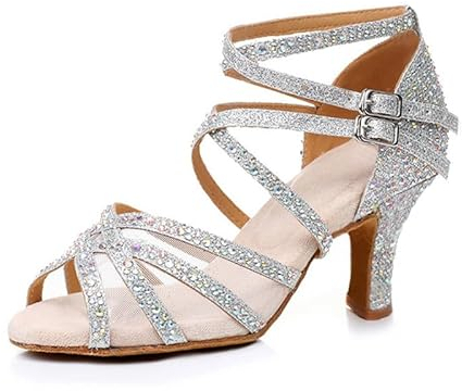 Rosefinch Chaussures de Danse Latine Strass Salsa Chaussures de Danse pour Femmes/Filles, Semelles Souples Argenté 7cm Talon 39 EU