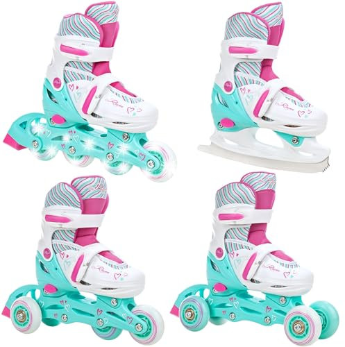 Raven - Pattini a rotelle per bambini, ragazze, ragazzi, adulti, bambini - Pattini a rotelle, 4 in 1 con pattini da ghiaccio, quad, per principianti - Regolabili - Loret Mint/Pink, 30-33 (18,5-20,5cm)