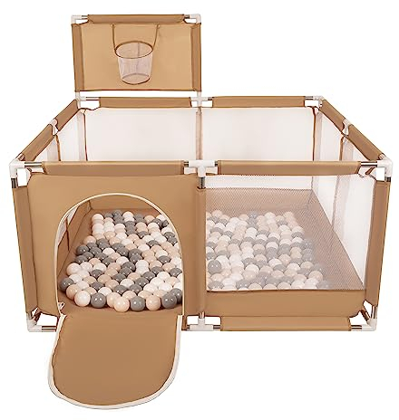 Selonis Laufstall Mit Korb Und 100 Bälle Laufgitter Für Kinder, Beige:Pastellbeige/Grau/Weiß