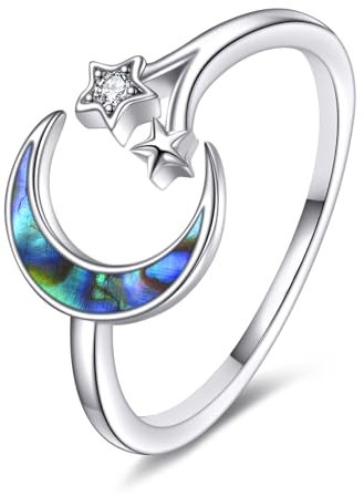 Mond Stern Ring Damen 925 Sterling Silber Abalone Muschel Einstellbar Ring für Mädchen Abalone Mond Schmuck Geschenk
