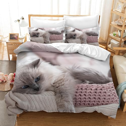 CXYXHW Katze Bettwäsche Set 135x200cm,3D Katzenmotiv Mikrofaser Bettbezug,Haustier Katze Bettwäsche-Sets 3teilig mit Reißverschluss,tierbedruckte Betten Set für Mädchen Jungen Kinder (A, 135x200cm)
