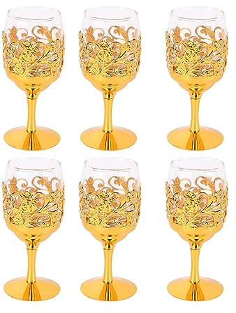 BEIJIALY Wine Glasses Set of 6, Metal Wine Glass Gold Goblet, Rounded Mouth Wine Goblet Stemmed Embossed Wine Glass Set for Home Bar