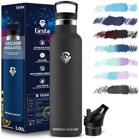 Grsta Drinking Bottle - 1 Litre - Sports Water Bottle, Stainless Steel Leak-Proof, Drinking Bottle with Straw, Thermos Flask, BPA-Free, Water Bottle for Fitness,