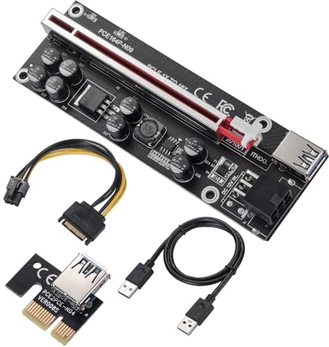 MZHOU Tarjeta Riser PCI-E 1X a 16X con Cable de extensión USB 3.0 de 0,6 Metros y Cable de alimentación SATA de 6 Pines - GPU Extender Riser Card - para Bitcoin Litecoin Ethereum Mining (VER009S-PLUS