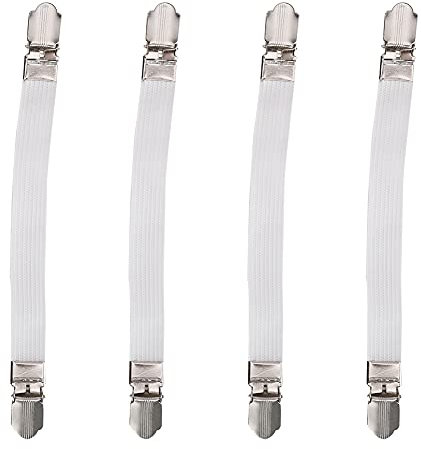 Gavigain Bettlakengurte, Matratzenlakengurte, 4Pcs elastische Kreuz und quer Bettlakengurte Greiferhalter, für Haus Hotel Bett (Weiß)