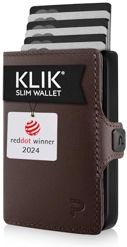 PURISTO KLIK Minimal Slim Wallet - Mini Geldbeutel und Kreditkartenetui für Herren aus Echtleder - Kleiner Credit Card Holder mit RFID Schutz für 6-8 Karten - Dunkelbraun