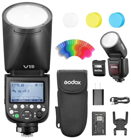Godox V1Pro C Flash TTL Runde Kopf Kamera Speedlite 76Ws HSS 1/8000s 2980mAh Lithium Batterie LED Modellierungslampe Externe Blitz,V1-C (2024) SU-1 M/TTL-Blitzmodus für Canon