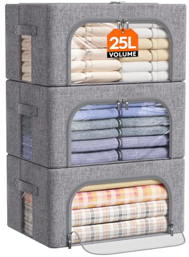 Lifewit 3 Piezas Cajas Almacenaje Ropa con Marco de Metal, Organizador Armario Apilable, Bolsas Almacenaje Ropa, Bolsas Para Guardar Ropa, Edredones, Colchas, Gris Claro, 25L