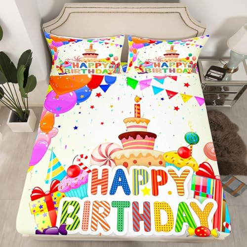 3D Spannbettlaken 90x200 Alles Gute Zum Geburtstag Bettlaken Weiches Spannbetttücher Alles Gute Zum Geburtstag Mikrofaser Spannbetttuch Tiefe Tasche 30 cm Mit 2 Kissenbezügen 80x80 cm qq3231