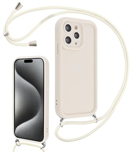 Coalbooliy Funda para iPhone 15 Pro MAX 6,7 Avec Cordon de Collier, Silicona Carcasa Suave con Cuerda Correa Case Golpes Protección de la Cámara Cover Cadena de teléfono para Niñas Mujeres, Blanco