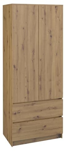 WHATSIZE ENTERPRISE – Modern Double Wardrobe with Drawers – 2 Door Cupboard Contemporary Bedroom Furniture - Large Clothes Cupboard Storage with Shelves, Hanging Rails & 2 Drawers, Artisan