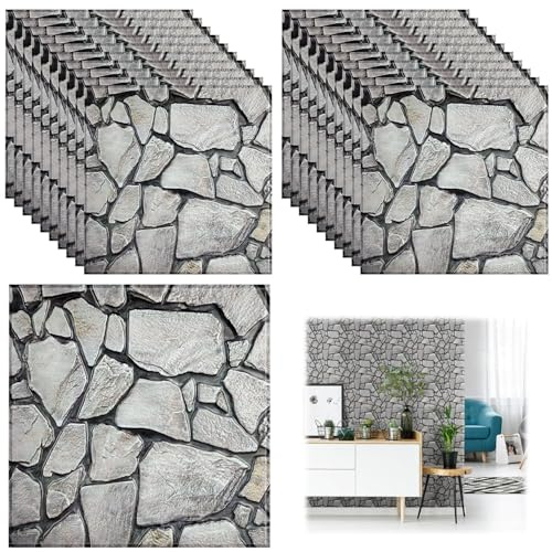 20 Stück 3D Wandpaneele Selbstklebend, 30 × 30 cm Selbstklebende Tapete Wandpaneele Wandfliesen, Steintapete, 3D Wall Panels, Wandverkleidung Steinoptik für Die Innen und Außendekoration, Wasserfest