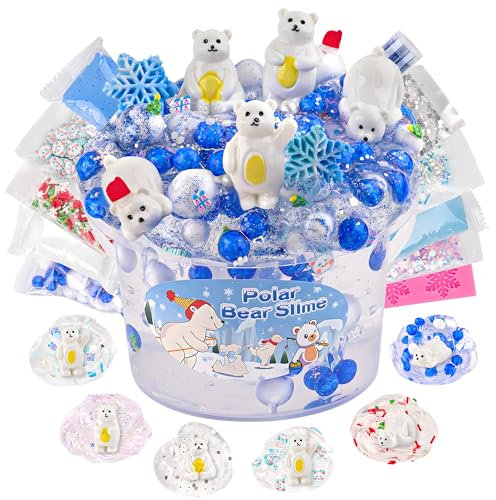 LAWOHO 300ml Slime Orso Polare con Argilla, Kit Trasparente con 10 Confezioni Add-Ins, per Bambini Bomboniere, Compleanno Halloween Natale Pasqua