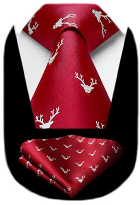 HISDERN Rot Weihnachts Krawatten für Herren Lustig Funny Weihnachts Elch Krawatte und Einstecktuch Set für Xmas Party Festival