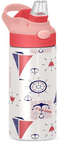 Sevdomey Sailing Boats Kids Water Bottle for Girls Boys, Stainless Steel Insulated Leakproof Water Bottle 350ml with Straw for School Nursery Travel Sports