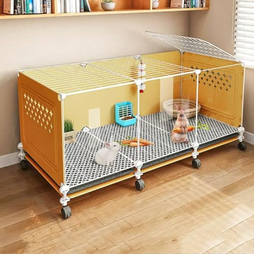 Kaninchenstall für Den Innenbereich, Meerschweinchen Gehege, Transparente Vorderseite, Kleintierhaus für Kaninchen und Meerschweinchen(Yellow,105cm)