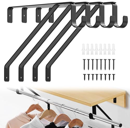 Closet Shelf & Rod Brackets Heavy Duty, 4-Pack Triangular Wall Mounted Shelf Brackets with Clothes Rail Pole Hook, 50kg Load, Space-Saving Storage Solution for Wardrobe, Garage, Laundry Room