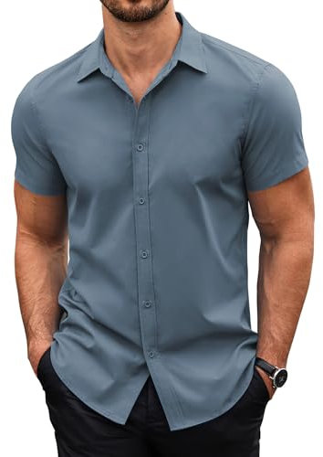 COOFANDY Camisa De Hombre De Manga Corta Sin Plancha Camisa De Negocios Camisas De Verano Informal Camisas De Manga Corta Camisa De Color Sólido Gris Azul M