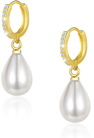 Gold Pearl Earrings for Women, ASH'S CHOICE 14k Goldplated Hoop with Pearl Drop Dangling Earrings, Small Gold Cartilage Zircon Huggies Hoop with Large Freshwater Pearls WaterDrop Earring for Women