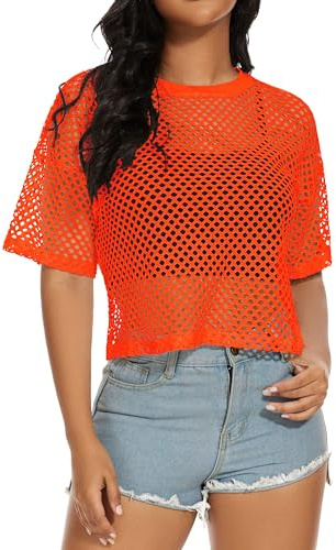 florynova Womens Mesh Top See Through Fishnet T Shirt Neon Tops(Orange,L)