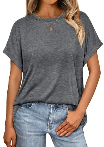 Cuptacc Oberteile Damen Sommer Runhals Tshirt Kurzarm 2025 Mode Einfarbig Basic T-Shirt Flügelsärmel Oversize Shirt Damen Elegant Klein S 34-36 Dunkelgrau