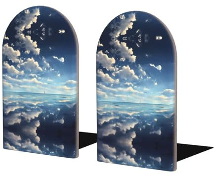 Serre-livres en bois robuste avec impression nuages blancs sur la mer, rangement pour bureau à domicile, accessoires de bureau de protection