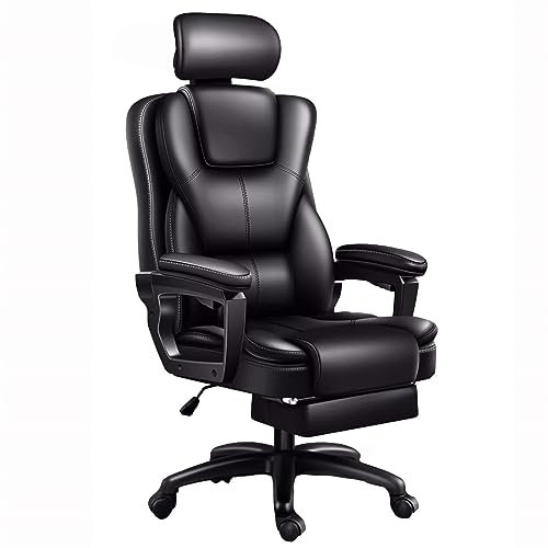 GLJTUO Chefsessel mit hoher Rückenlehne, PU-Leder, Manager-Schreibtischstuhl, mit Fußstütze, Chefsessel für Heimbüro, Braun, Grau, Schwarz