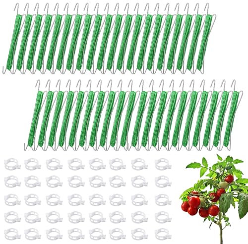 HuaMuDM Tomatenhaken mit Schnur,40 Stück Tomatenhaken mit 40 Pflanzenschnalle &15m Seil,Tomatenhaken Set,Pflanzenbieger Clips，Garden Tomato Hooks, Doppelte Tomatenhaken für Hängende Tomaten und Gurken