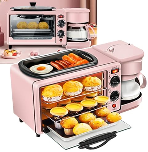 HEGGMKK Four Portatif pour Petit-déjeuner, avec Machine À Café, 3 en 1 (Four + Poêle + Café), Réglage À Double Bouton : Temps De Cuisson De 30 M + Température, pour Appartements,Pink