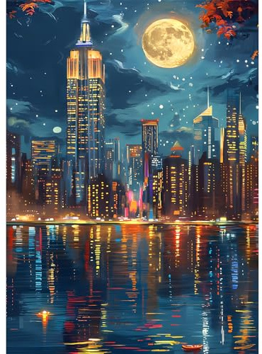 EOBROMD Diamond Painting Erwachsene Stadt Nachtansicht, 5D Diamant Painting Bilder Wolkenkratzer, DIY Diamant Malerei Set für Wanddekoration 30x40cm