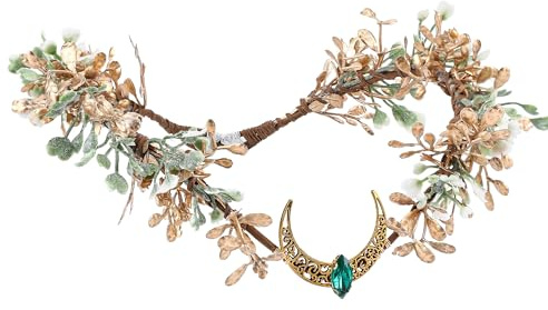 MOSTORY Waldblätter Kopfschmuck Elfenkrone für Faschingskostüme Damen, Gold Feenkrone mit Blumen und Mond für Renaissance Cosplay Partys