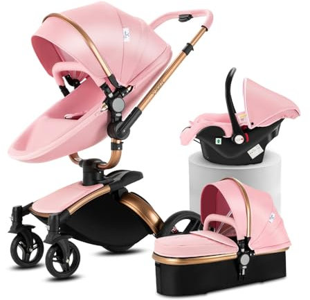 Poussette 3en1 en cuir PU rotatif à 360°avec mode landau | Pliage d'une touche & convertibilité bébé nouveau-né à toddler(Rose)
