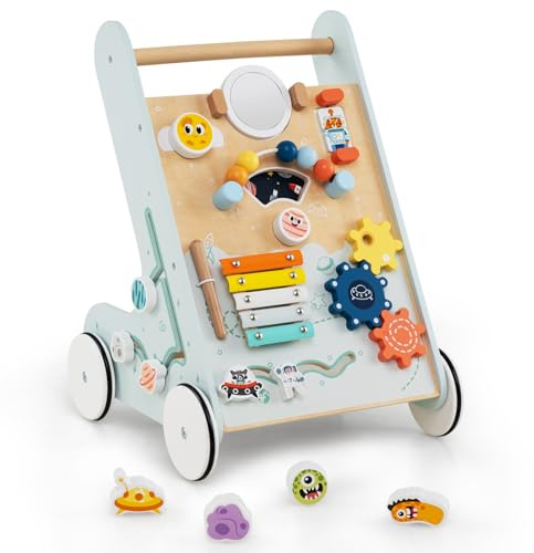 COSTWAY Lauflernwagen Holz, Baby Lauflernhilfe zum Schieben und Ziehen, Montessori Laufspielzeug mit Rädern, Laufwagen für Jungen und Mädchen ab 1 Jahr, 35 x 33 x 47 cm (Weltraum-Grün)