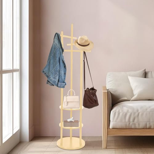 OHMG Porte Manteau Sur Pieds,en Bambou,Portant Rotatif avec Étagères et Crochets,Portant à Vêtements en Bois,Meuble d’entrée,Pour Entrée,Couloir ou Chambre,Valet de chambre