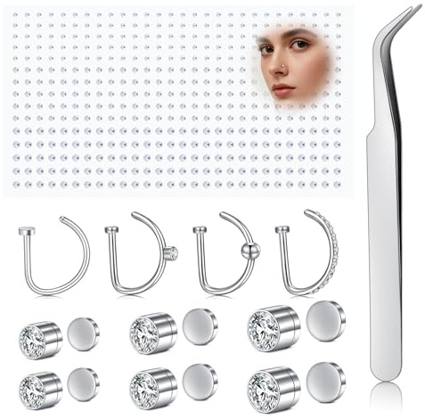 AVYRING Faux anneau de nez et autocollants en strass, boucles d'oreilles magnétiques en acier inoxydable 18 g, bijoux de piercing de nez à clipser pour homme et femme (doré/argenté)