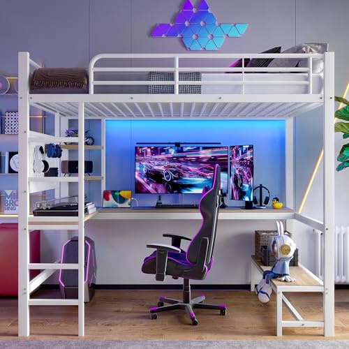 Kebnor Hochbett, Eisenrahmen, Schreibtisch, Geländer, Trittleiter, mehrere Ablagen, mit USB+Type-c Steckdose, mit LED Leiste, mit Lochbrett, ohne Matratze (Weiß, 90 x 200cm)