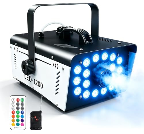 Nebelmaschine 1200W mit 18 LED-Lichtern, 6000 CFM Rauchmaschine für Bühne, Hochzeit, Geburtstag, Halloween, Weihnachten, Party – inkl. Fernbedienung & 13 Farben, Indoor/Outdoor