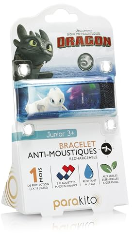 PARAKITO - Bracelet Anti-Moustiques Réutilisable - 2 Plaquettes Incluses aux Huiles Essentielles - 1 Mois de Protection - Sans DEET - Taille Junior 3+ (Dragons Furie Eclair)