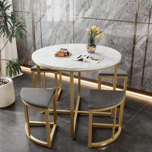 Esszimmertisch-Set mit 4 Stühlen - Moderne Essgruppe mit Grauer MDF-Tischplatte & vergoldetem Eisenrahmen - Inklusive 4 Grauer Samtstühle im Luxus-Design