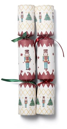 Bespoke 77 Eco Friendly Kraft Christmas Crackers 12 Inch/30cm Length x 5cm Diameter - Metal Gifts for Restaurants & Hotels, Cafes (White/Green/Red/Gold, Nutcracker/Xmas Tree Print) - CASE OF 24